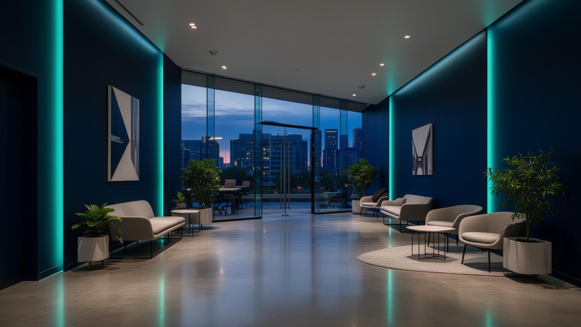 Cortex Suites lobby with deep navy walls and teal accent lighting